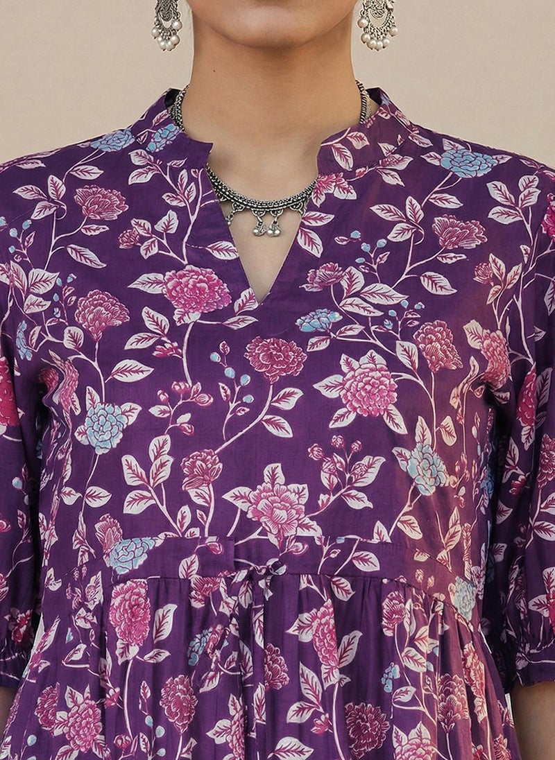 Globus Women Purple Mandarin Collar Puff Sleeves Floral Print Waist Tie-Ups Tiered Midi A-Line Fusion Dress - Image 5